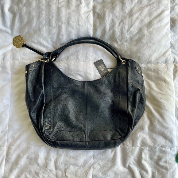Vince Camuto Black Pebbled Leather Studded Hobo Shoulder Bag NWT Gold Hardware - Picture 2 of 5
